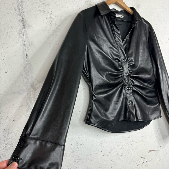 Zara Faux Leather Vegan Leather Button Down Blouse Top Size XL - Picture 7 of 11